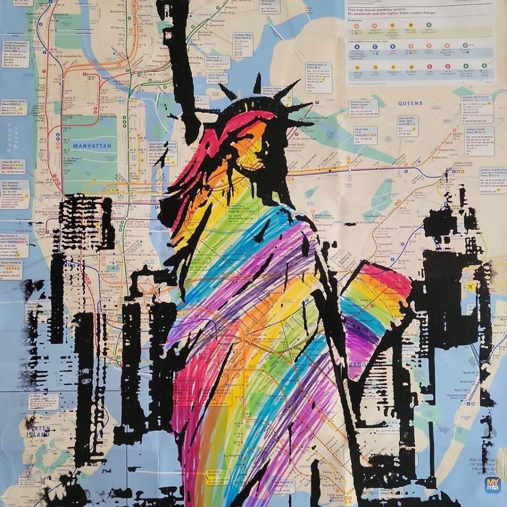 Rare Acrylic Handpainted Statue of Liberty Art on a NYC Subway Map Lady Liberty - Picture 6 of 7